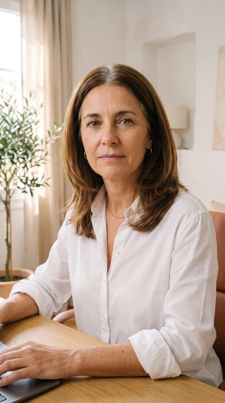 Helena, before: grey regrowth along her center part